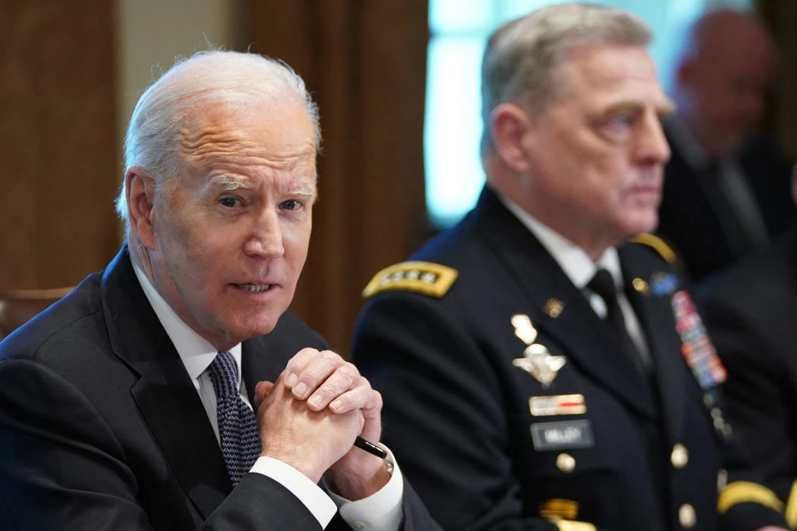 Biden on Wednesday lauded US military officials for “exceptional” work arming Ukraine as he gathered the nation’s military brass for their first in-person group meeting at the White House of his presidency. (AFP)