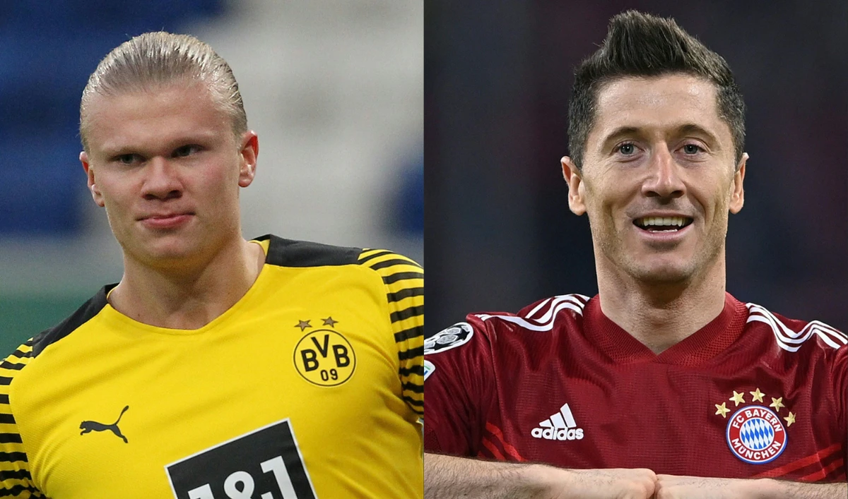 This combination of pictures created on April 21, 2022 shows Dortmund's Norwegian forward Erling Braut Haaland and Bayern Munich's Polish forward Robert Lewandowski. (AFP)