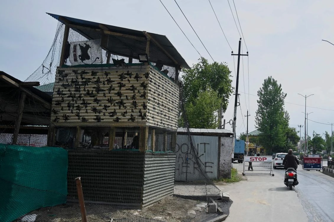 Tens of thousands are expected to welcome him at an event marshalled Narendra Modi’s governing Bharatiya Janata Party (BJP). Above, the BJP office in the disputed territory of Jammu and Kashmir. (AFP)