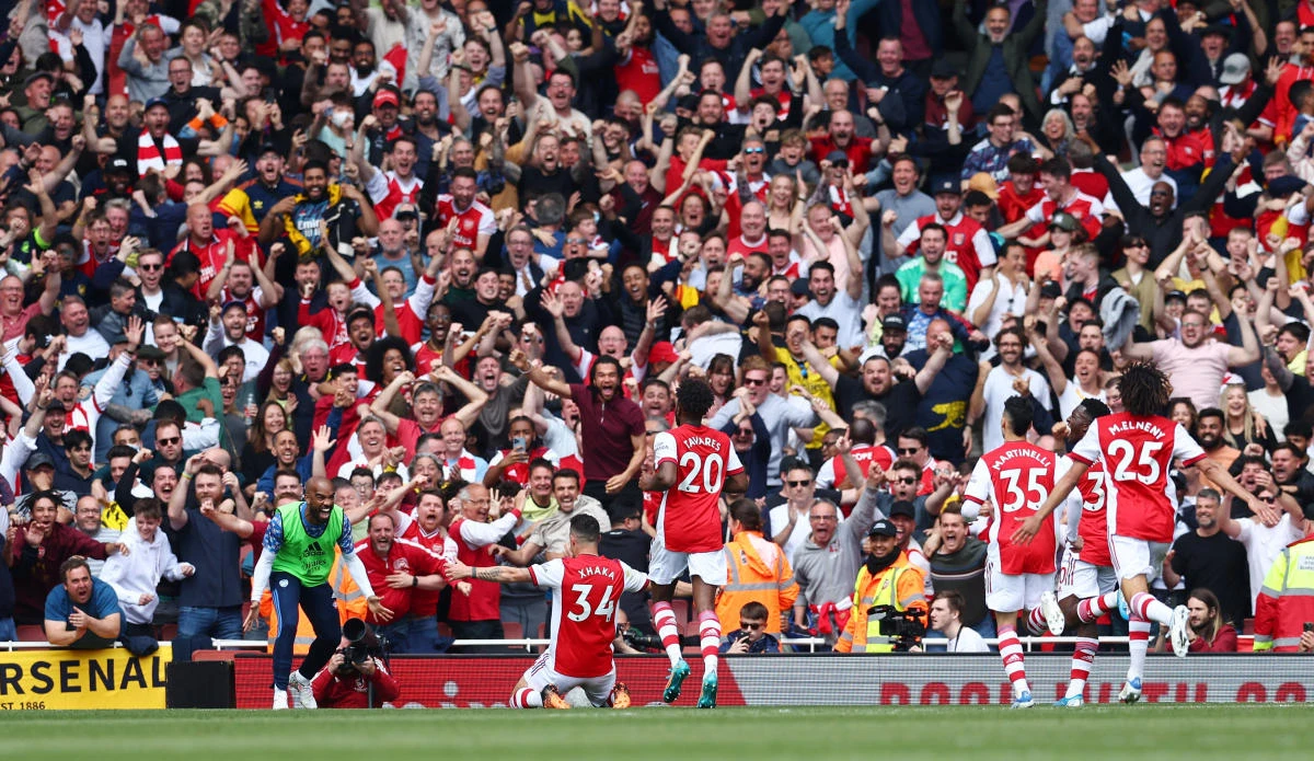 Arsenal’s Granit Xhaka celebrates scoring third goal during their Premier League match against Manchester United at the Emirates Stadium on Saturday. (Reuters)