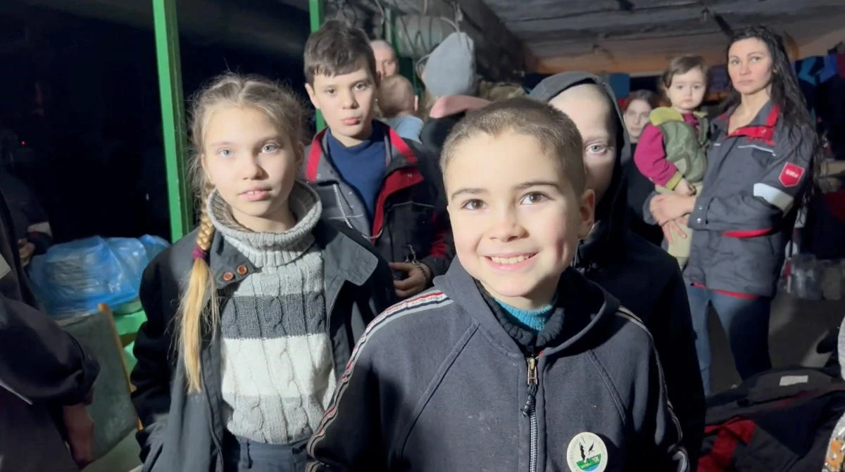 Children react as they take shelter, amid Russia’s invasion of Ukraine, in a bunker said by Ukraine’s Azov Battalion to be in Azovstal steelworks in Mariupol in this screen grab taken from a handout video obtained by Reuters on Saturday. (Reuters)