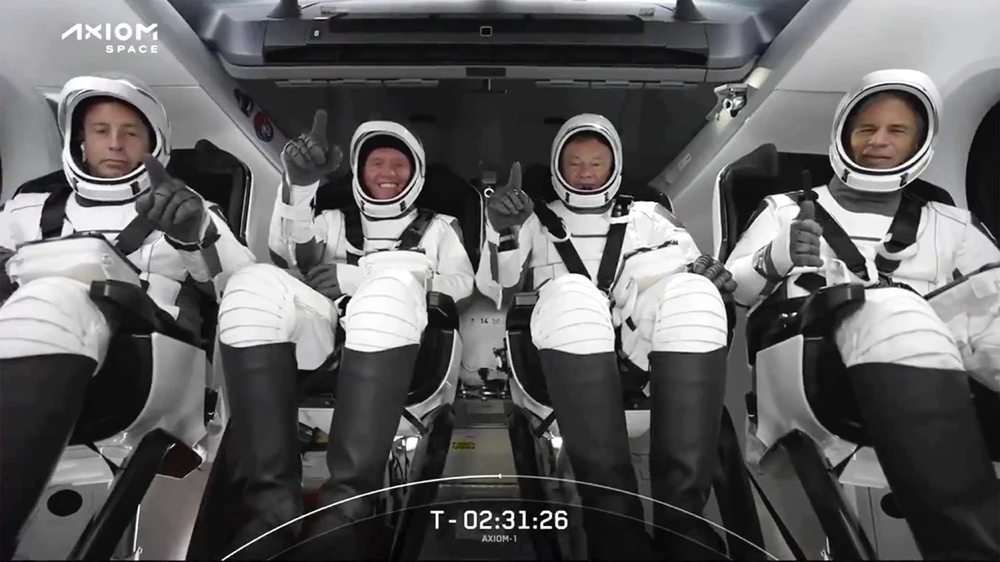 From left: Mark Pathy, Larry Connor, Michael Lopez-Alegria and Eytan Stibbe. (SpaceX Via AP)
