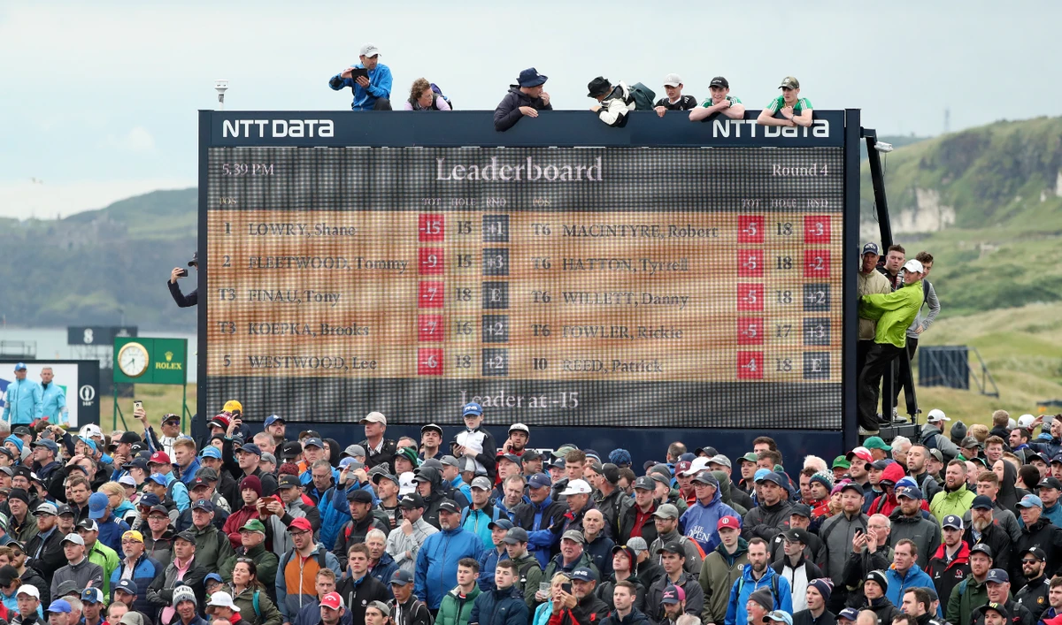 Spectators clamber on to and on top of a scoreboard as they vie to get a glimpse of Ireland's Shane Lowry and England's Tommy Fleetwood during the final round of the British Open on July 21, 2019. (AP/File)