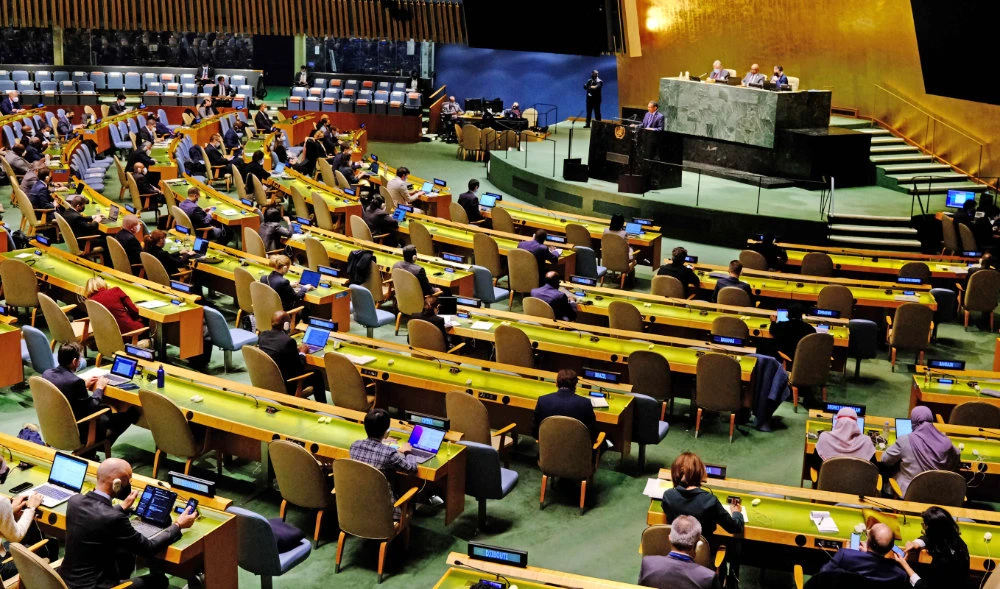 In this file photo taken on March 01, 2022, the United Nations holds its second day of emergency special session General Assembly meetings on the Russia-Ukraine conflict in New York City. (AFP)