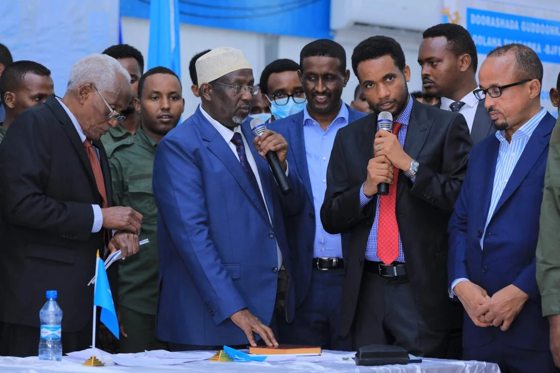 Somalia’s newly elected lower house parliament speaker Sheikh Adan Madobe, 2nd left, after being elected at the airport complex in Mogadishu on April 28, 2022. (AFP)