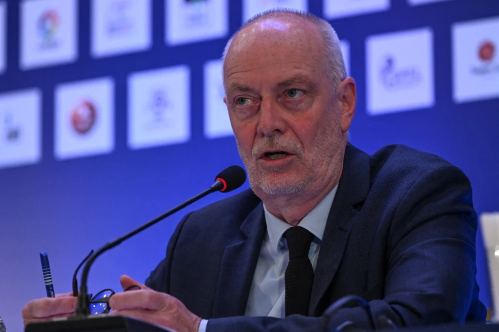 European Leagues chairman Claus Thomsen attends a press conference during a general assembly in Istanbul on April 29, 2022. (AFP)