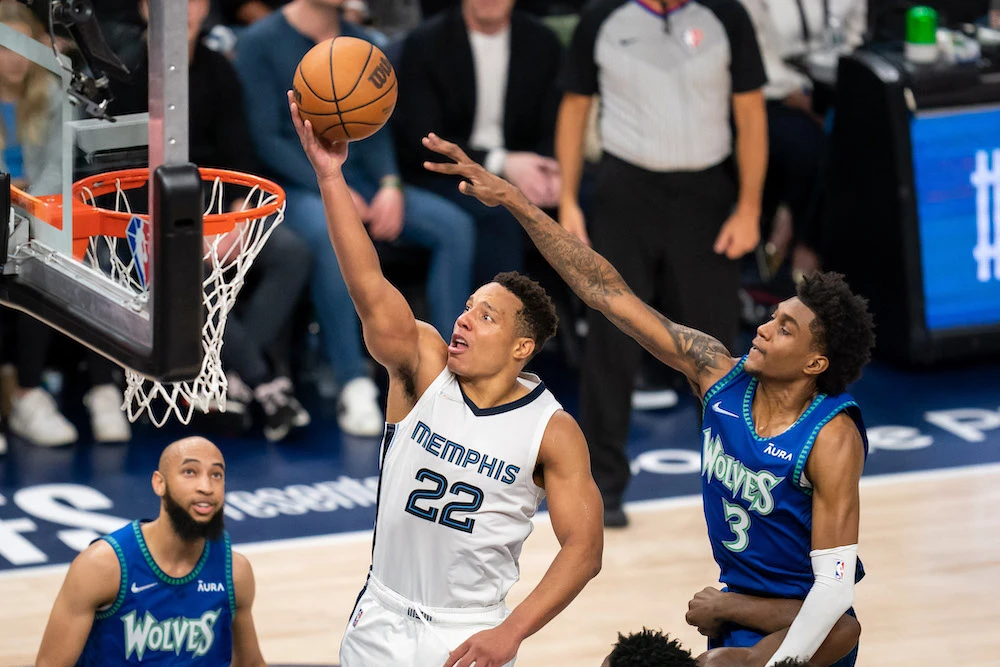 Memphis Grizzlies guard Desmond Bane shoots against the Minnesota Timberwolves forward Jaden McDaniels during the 2022 NBA playoffs at Target Center on Saturday. (USA TODAY Sports)