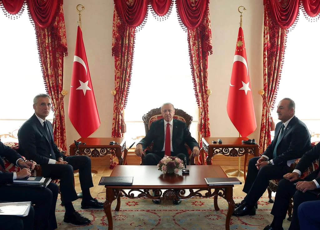 NATO Secretary General Jens Stoltenberg with Turkey’s President Recep Tayyip Erdogan and FM Mevlut Cavusoglu during a meeting, in Istanbul, Oct. 11, 2019. (AP Photo)