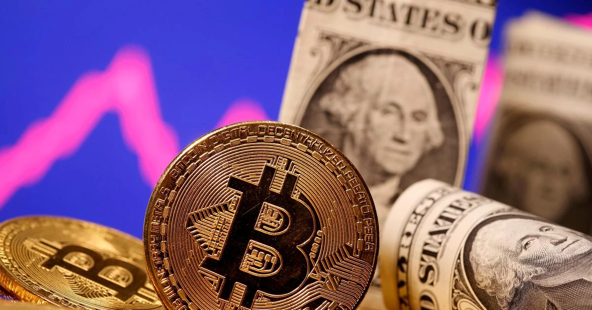 A representation of virtual currency Bitcoin and U.S. One Dollar banknotes are seen in front of a stock graph in this illustration taken Jan. 8, 2021. (Reuters)
