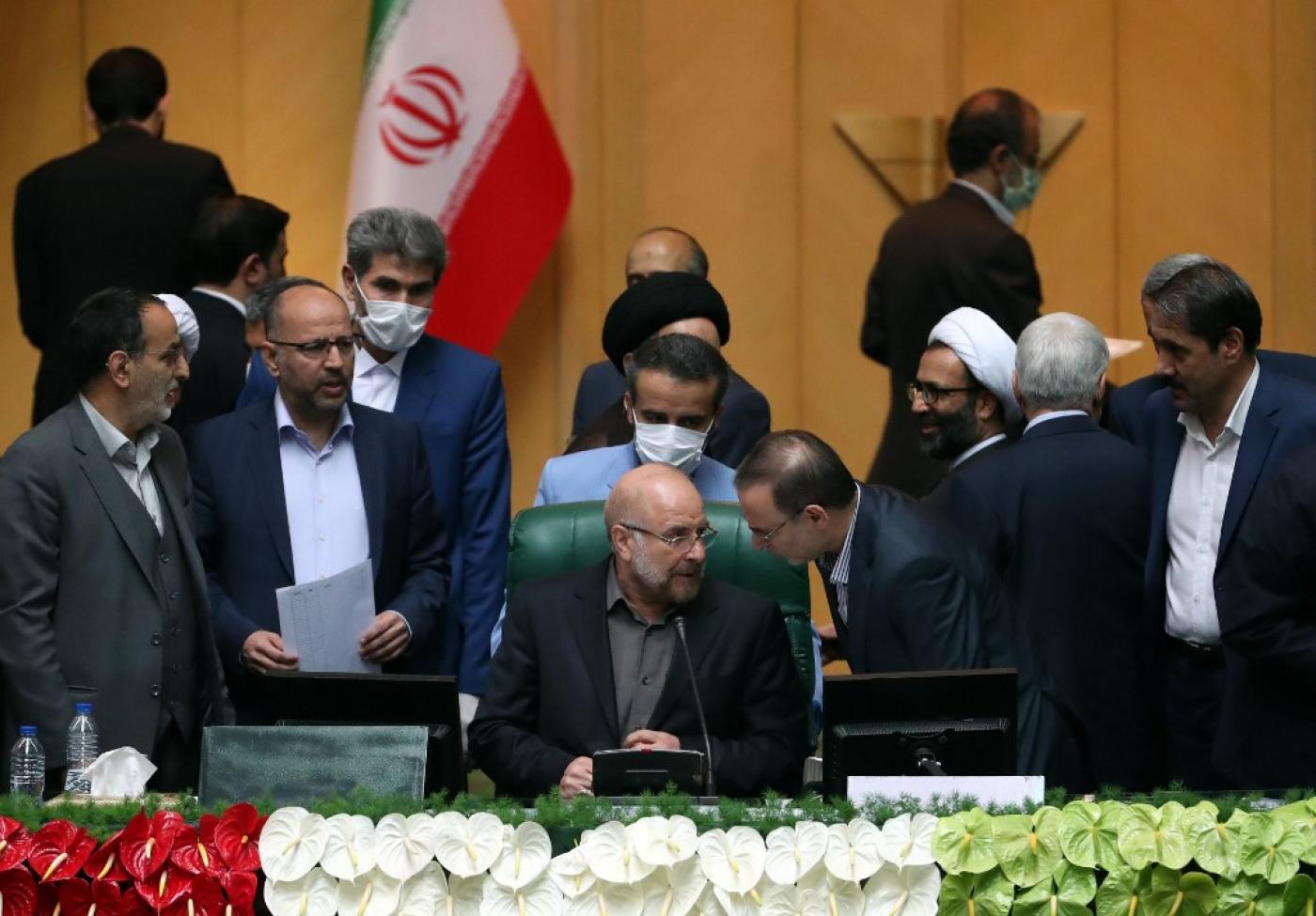 Mohammed Bagher Ghalibaf sits among other members of the Iranian parliament after being elected speaker, May 28, 2020. (AFP)