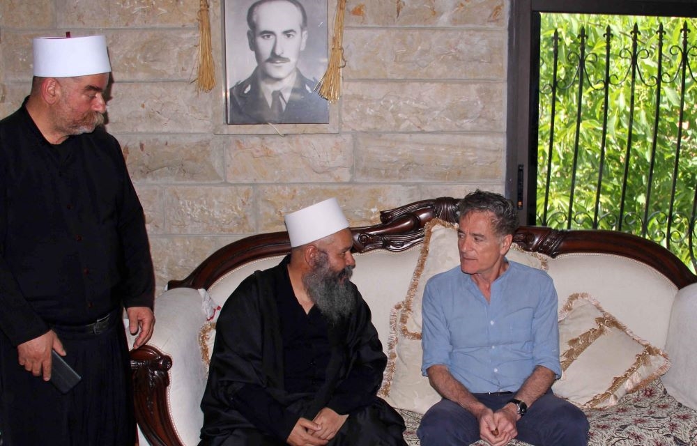 Druze clerics congratulate Elias Jradi after his election to parliament, Ibl Al-Saqi, Lebanon, May 16, 2022. (AFP)