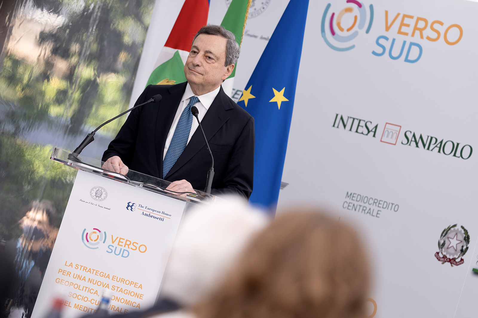 Italian Prime Minister Mario Draghi at the ‘Verso Sud – Looking Southward’ forum Sorrento, May 13, 2022. (Creative Commons)