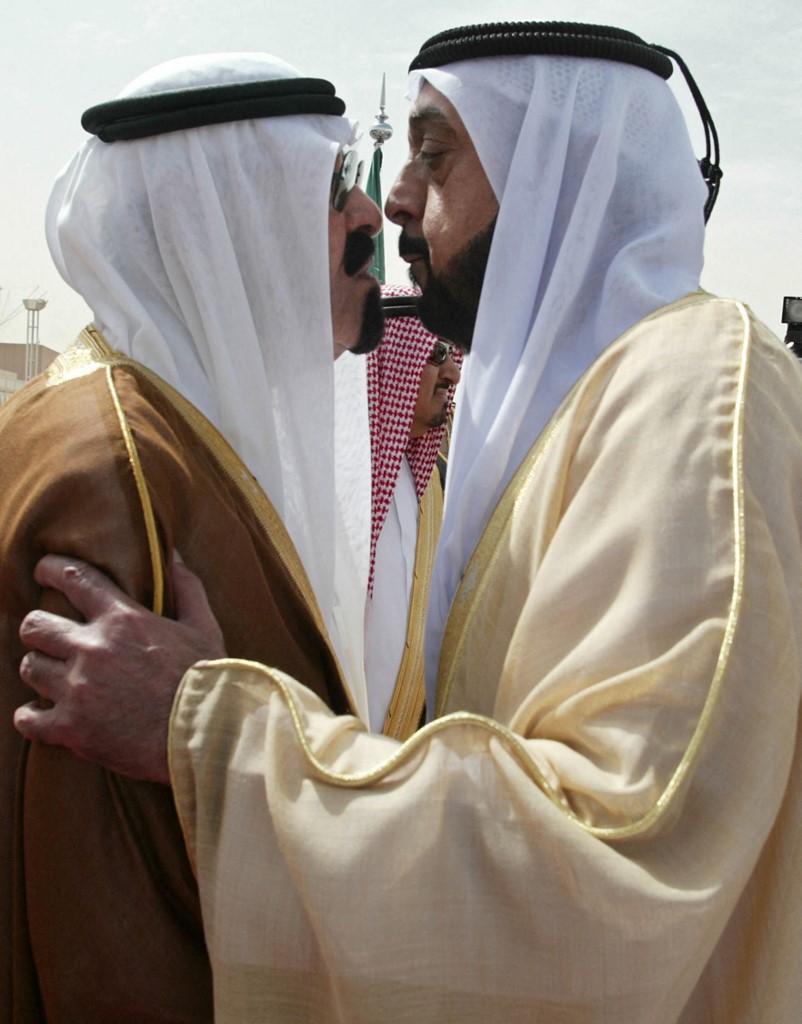 Saudi Arabia’s King Abdullah welcomes UAE President Sheikh Khalifa bin Zayed before the opening of the GCC consultative summit in Riyadh May 6, 2006. (AFP)