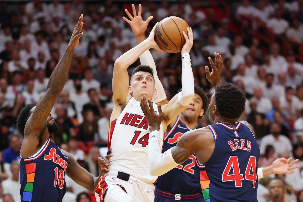 Tyler Herro of the Miami Heat goes up for a layup against the Philadelphia 76ers during the second half in Game 1 of the Eastern Conference Semifinals at FTX Arena on May 02, 2022 in Miami, Florida. (AFP)