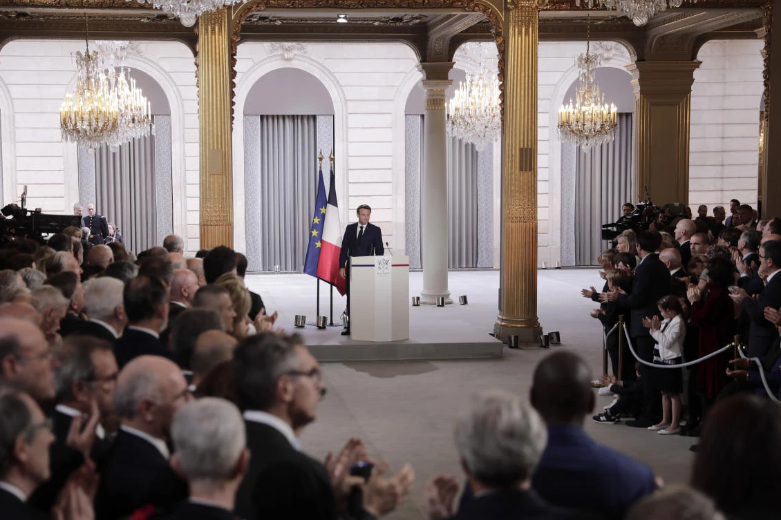 French President Emmanuel Macron delivers a speech during the ceremony of his inauguration for a second term at the Elysee palace, in Paris, France, Saturday, May 7, 2022. (AP Photo/Lewis Joly)