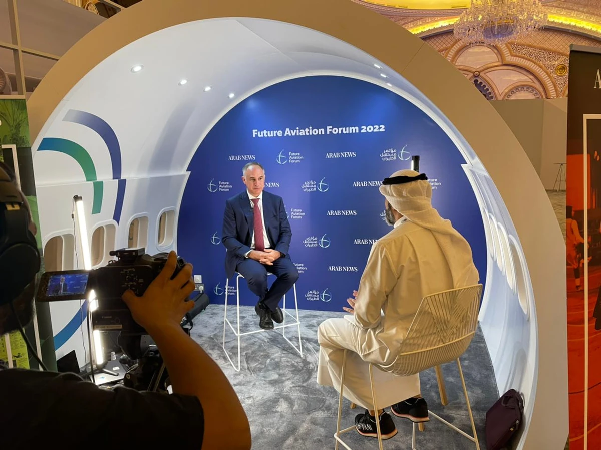 Jean-Marc Bourreau, partner at Consulum Aviation, talks to Arab News Future Aviation Forum in Riyadh. AN photo at the
