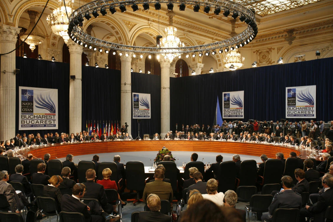 NATO leaders and delegates take part in a session during a NATO Summit conference in Bucharest, Romania on April 3, 2008. (AP file photo)