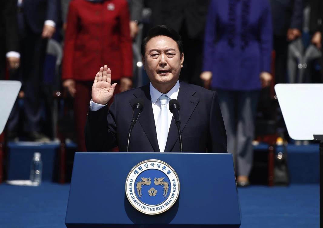 South Korean President Yoon Suk Yeol takes an oath during his inauguration in Seoul on May 10, 2022. (AP)