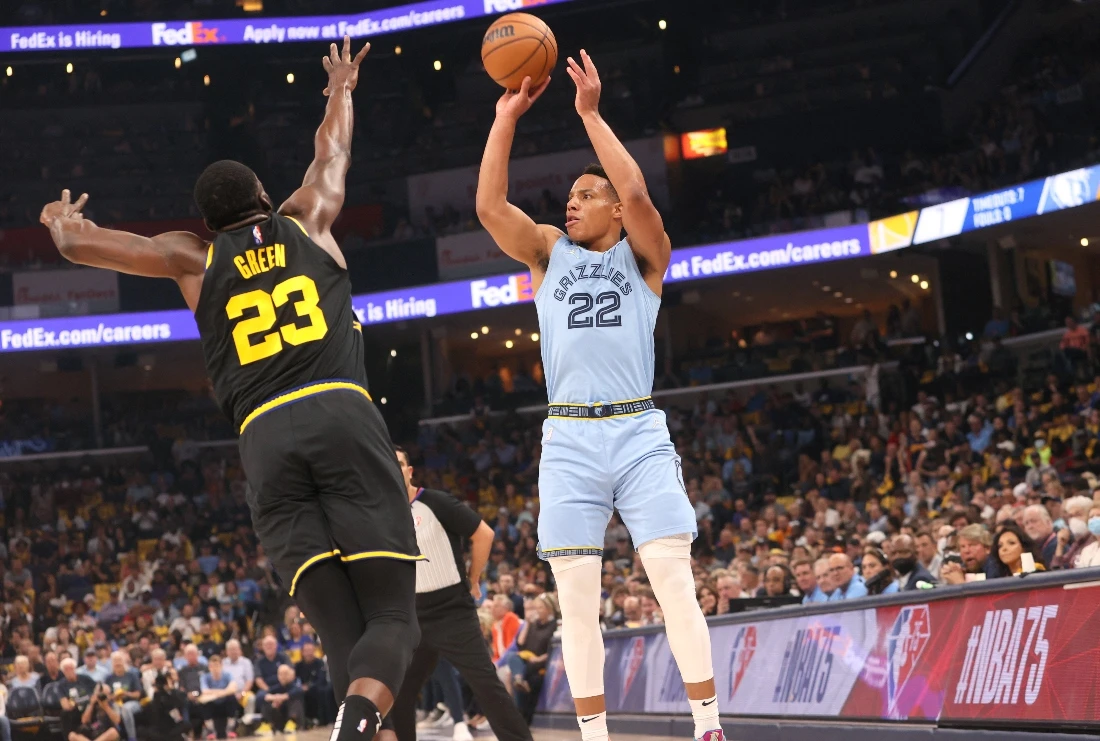 Memphis Grizzlies guard Desmond Bane shoots the ball over Golden State Warriors forward Draymond Green during Game 5 of the second round for the 2022 NBA playoffs at FedExForum. (USA TODAY Sports)