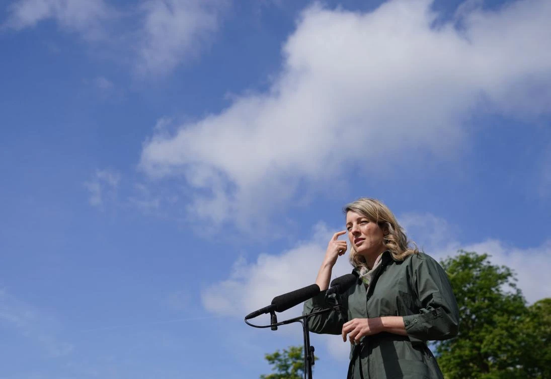 Canadian Foreign Minister Melanie Joly gives a statement during the G7 Foreign Ministers meeting in Wangels, northern Germany on May 14, 2022. (AFP)