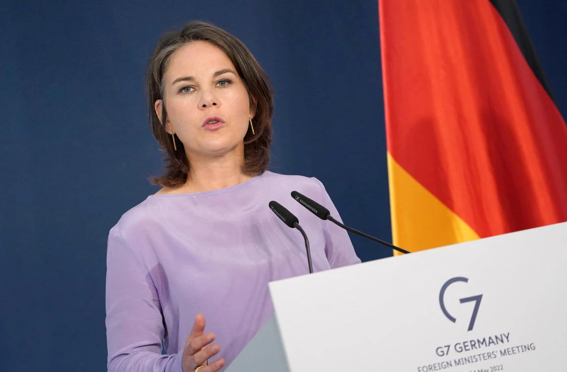 German Foreign Minister Annalena Baerbock speaks at the final news conference during the G7 foreign ministers’ summit in Weissenhaeuser Strand, on Saturday. (Reuters)