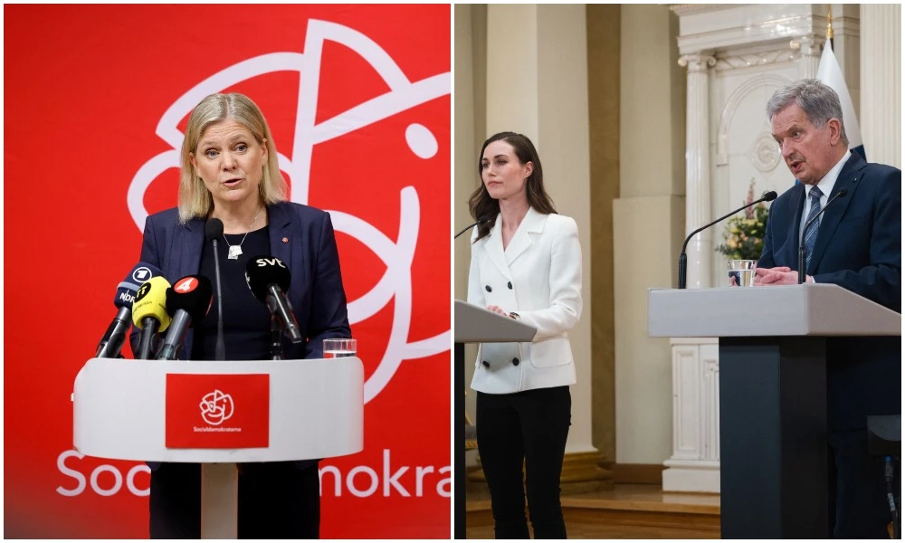 Sweden's Prime Minister Magdalena Andersson (L) and Finland's PM Sanna Marin and Finland's President Sauli Niinistö hold press conferences. (Reuters/AFP)