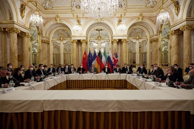 In this Handout photo made available by the EU delegation in Vienna shows Diplomats of the EU, China, Russia and Iran at the start of talks at the Grand Hotel in Vienna on April 6, 2021. (AFP/FILE)