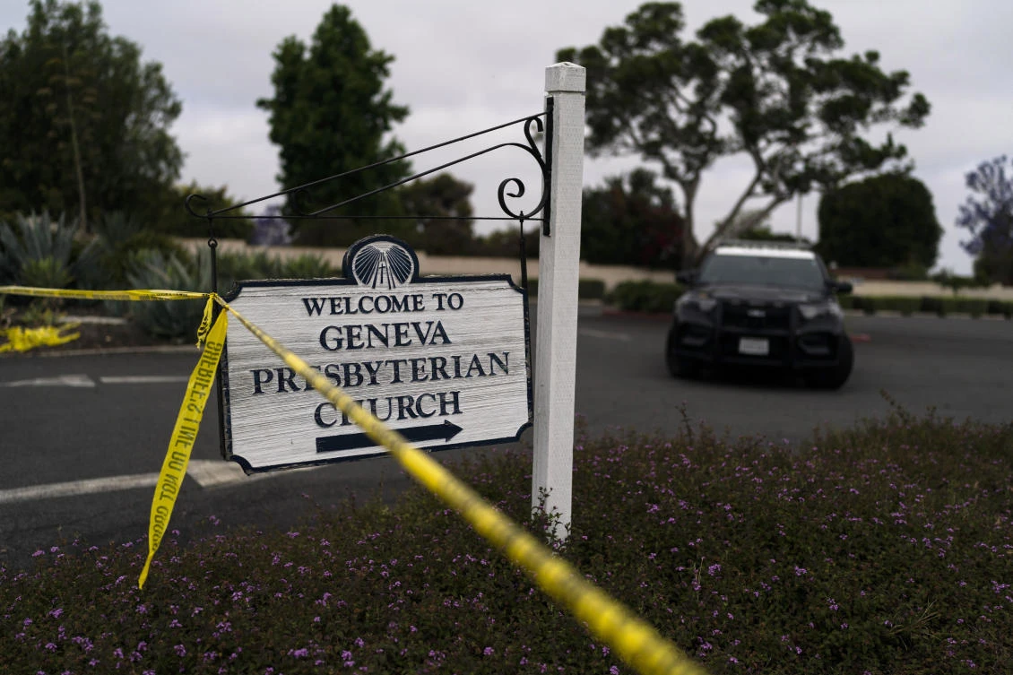 A police tape blocks off the entrance to the parking lot of Geneva Presbyterian Church in Laguna Woods, California. The Presbyterian Church is the most prominent of the Christian dominations in Taiwan. (AP)
