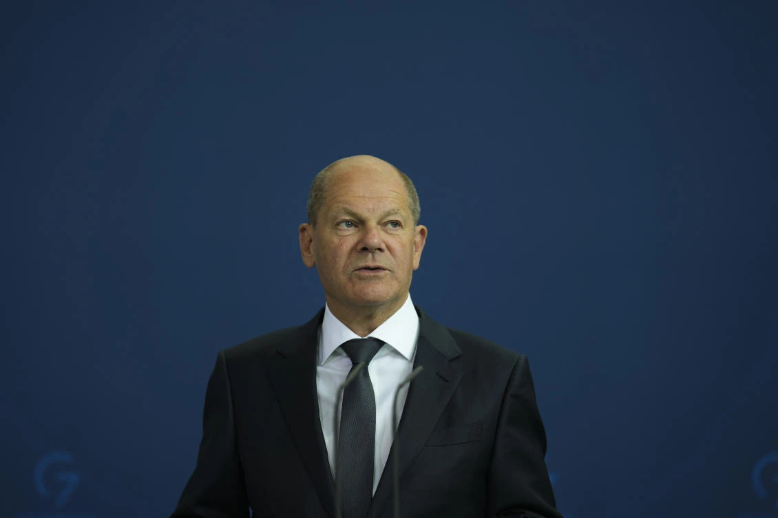 German Chancellor Olaf Scholz attends a news conference with the incumbent Prime Minister of Liechtenstein Daniel Risch after a meeting at the chancellery in Berlin Tuesday. (AP)
