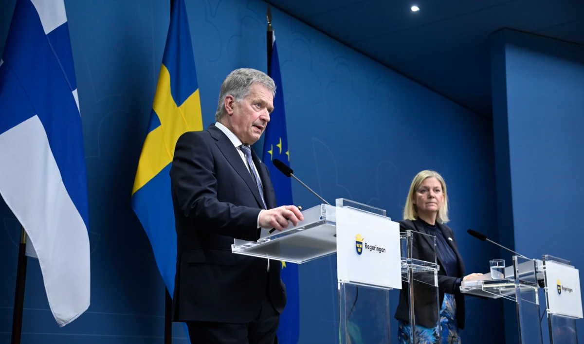 President of Finland Sauli Niinisto, left, and Swedish Prime Minister Magdalena Andersson attend a joint news conference in Stockholm, Tuesday May 17, 2022. (AP)