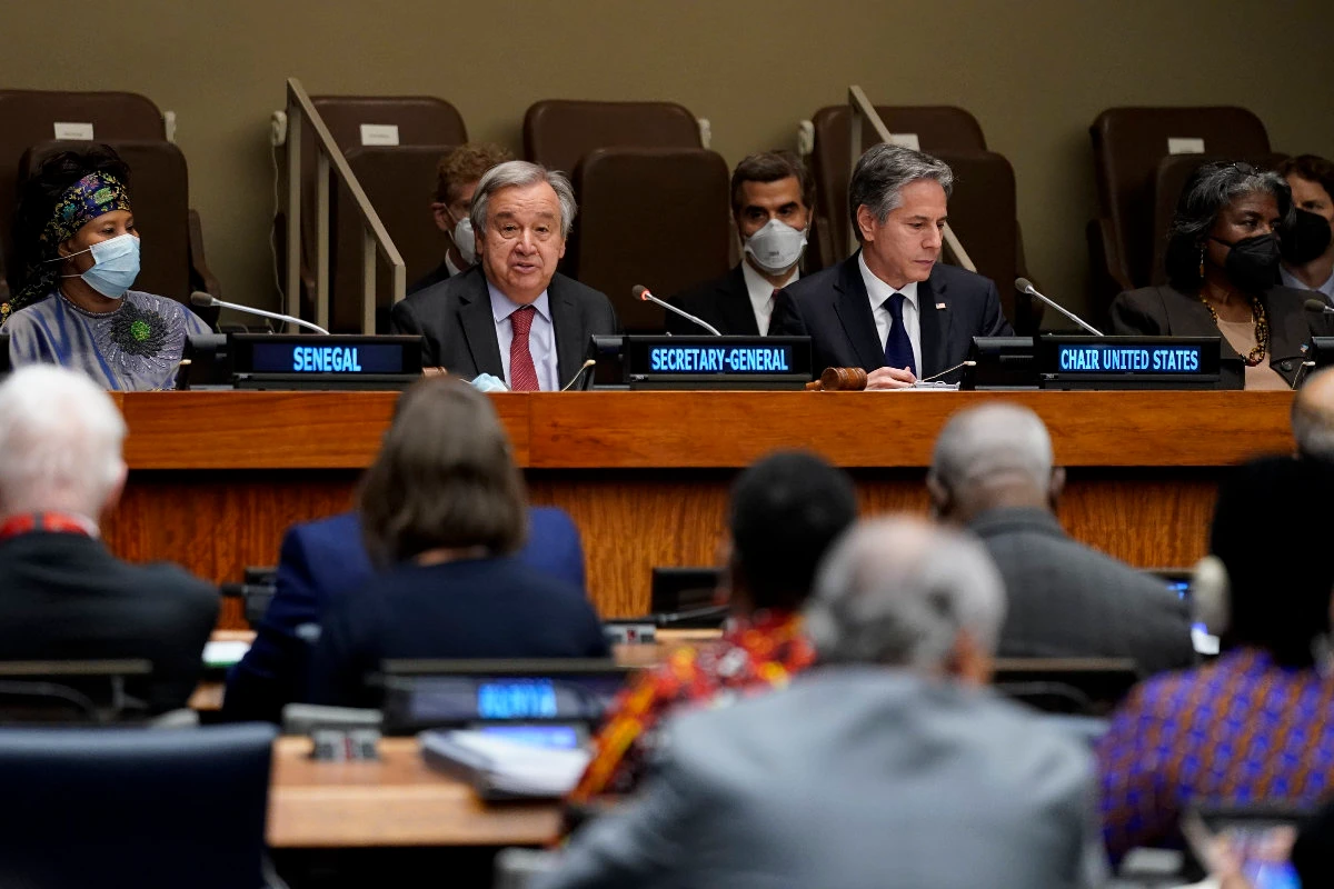 UN Secretary General Antonio Guterres, left, speaks during a ministerial meeting on growing food insecurity around the world on May 18, 2022, at the UN headquarters (AP)