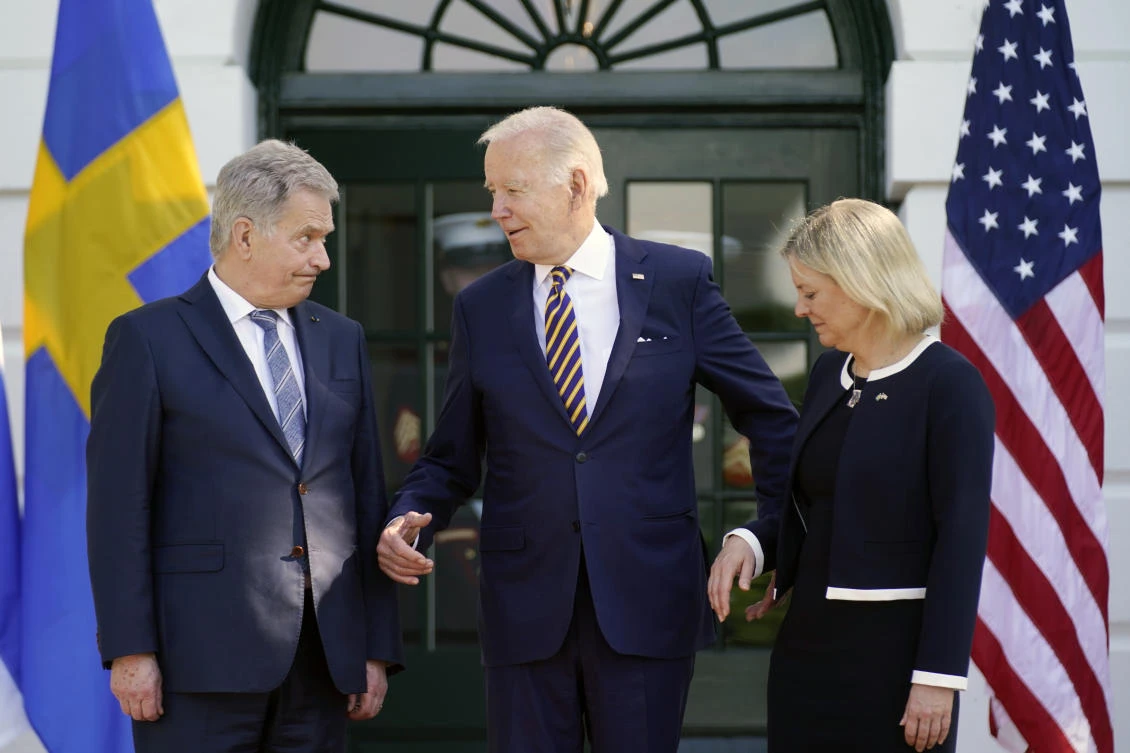 President Joe Biden greets Prime Minister Magdalena Andersson of Sweden and President Sauli Niinisto of Finland as they arrive at the White House in Washington on Thursday. (AP)