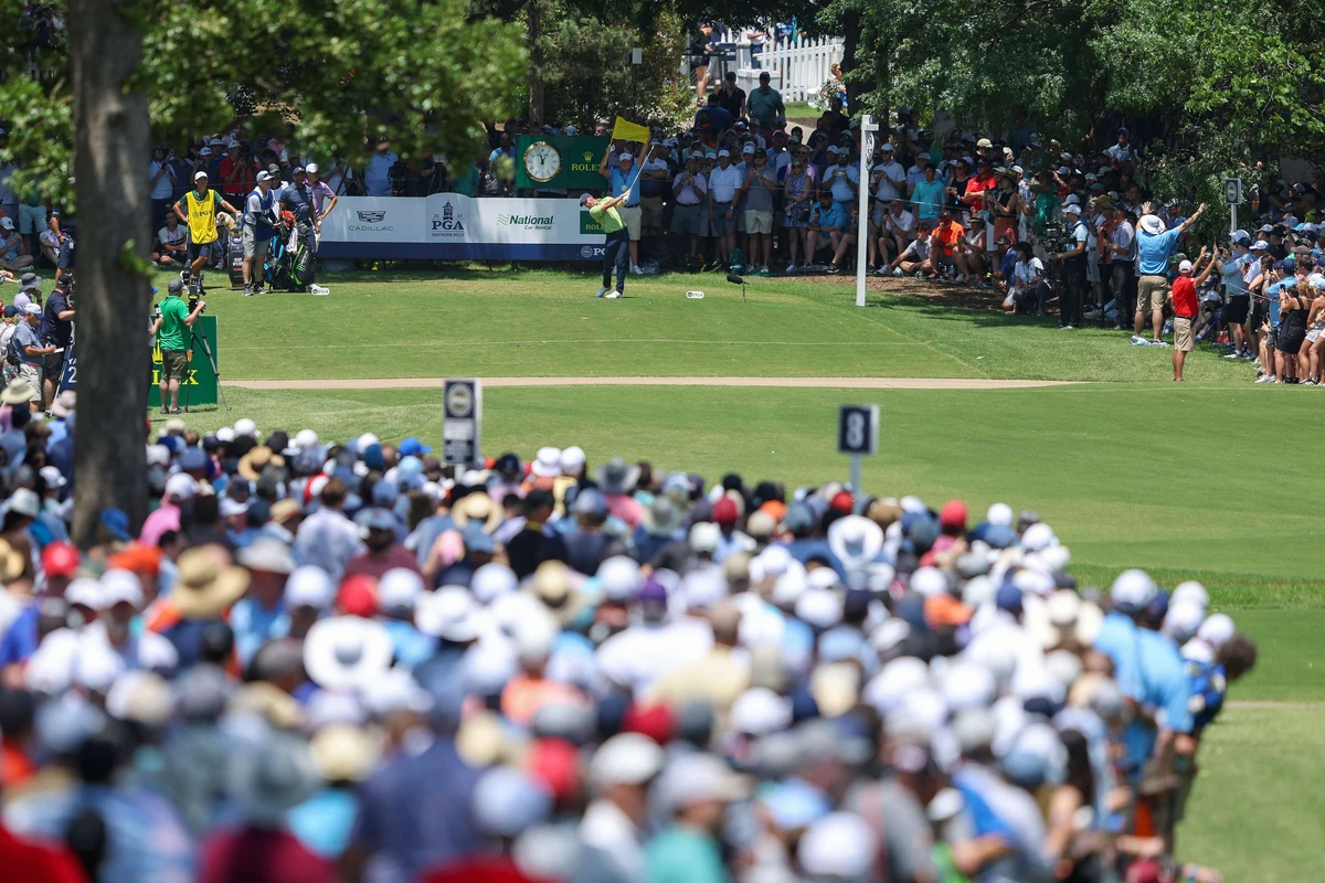 Rory McIlroy of Northern Ireland plays his shot from the eighth tee during the first round of the 2022 PGA Championship at Southern Hills Country Club on May 19, 2022 in Tulsa, Oklahoma. (AFP)