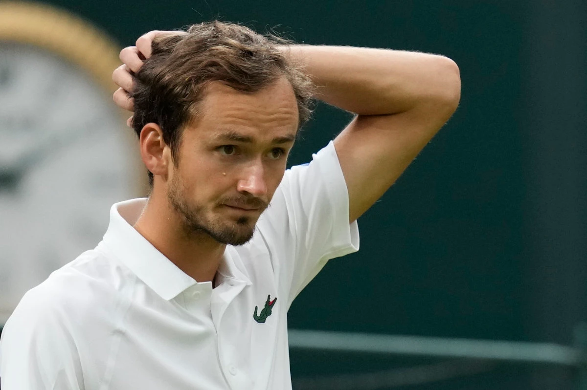 Russia's Daniil Medvedev reacts during his match against Poland's Hubert Hurkacz during the Wimbledon Tennis Championships in London ib July 6, 2021. (AP file photo)