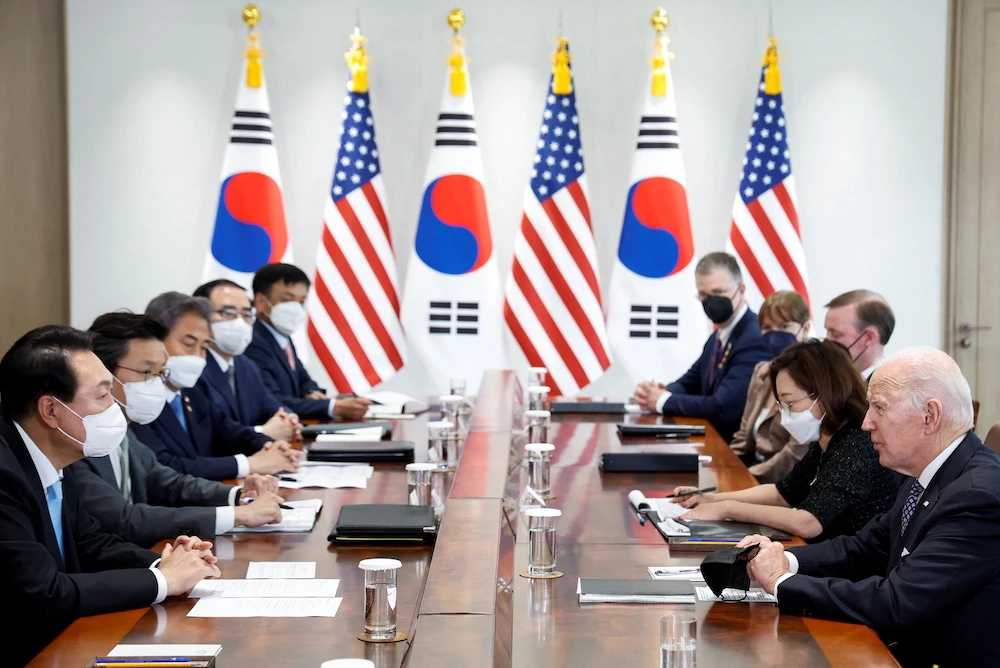 US President Joe Biden attends a bilateral meeting with his South Korean counterpart Yoon Seok-youl at the People’s House in Seoul on May 21, 2022. (Reuters)