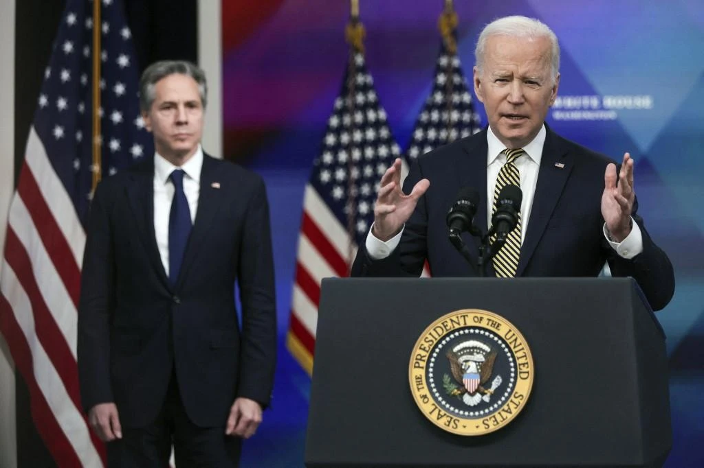 Among those affected by the Russian travel ban includes US President Joe Biden, foreground, and Secretary of State Antony Blinken. (AFP)