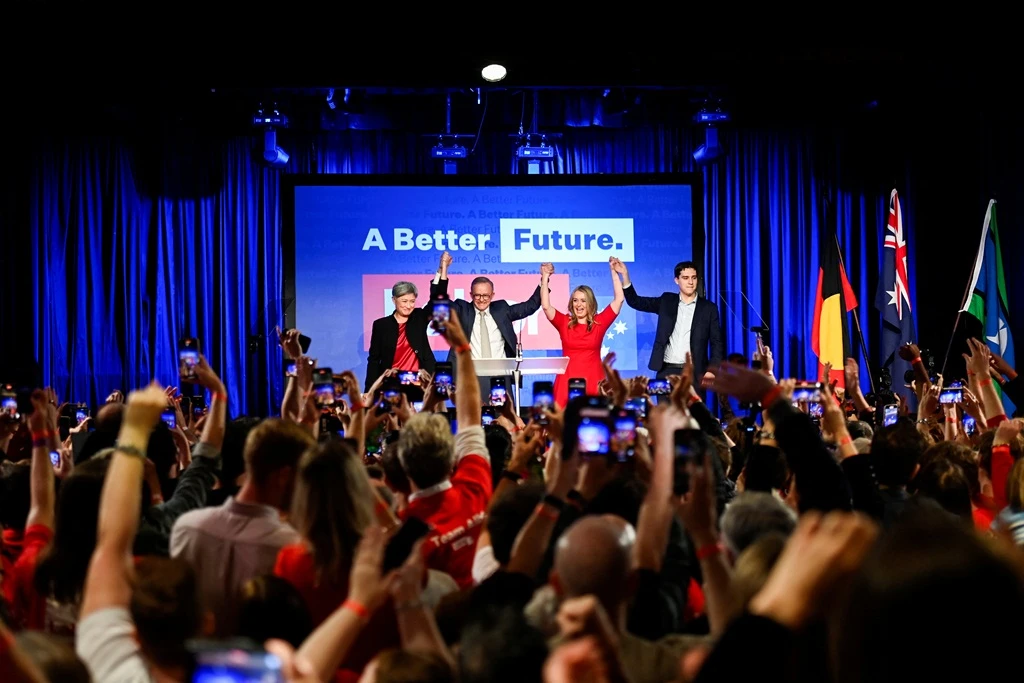 Anthony Albanese, leader of Australia’s Labour Party, addresses supporters after incumbent PM and Liberal Party leader Scott Morrison conceded defeat in the country’s general elections in Sydney on Saturday. (Reuters)