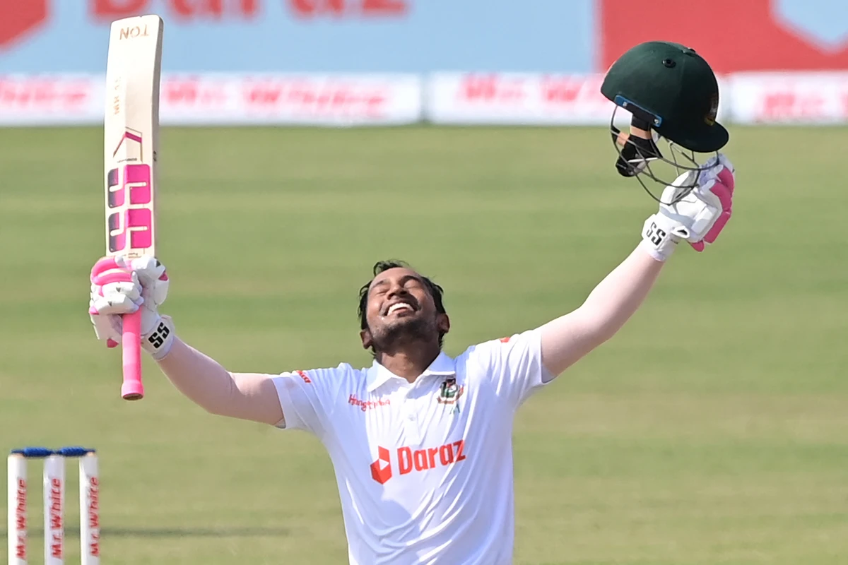 Bangladesh's Mushfiqur Rahim reacts after scoring a century (100 runs) during the fourth day of the first Test cricket match between Bangladesh and Sri Lanka at the Zahur Ahmed Chowdhury Stadium in Chittagong on May 18, 2022. (AFP)