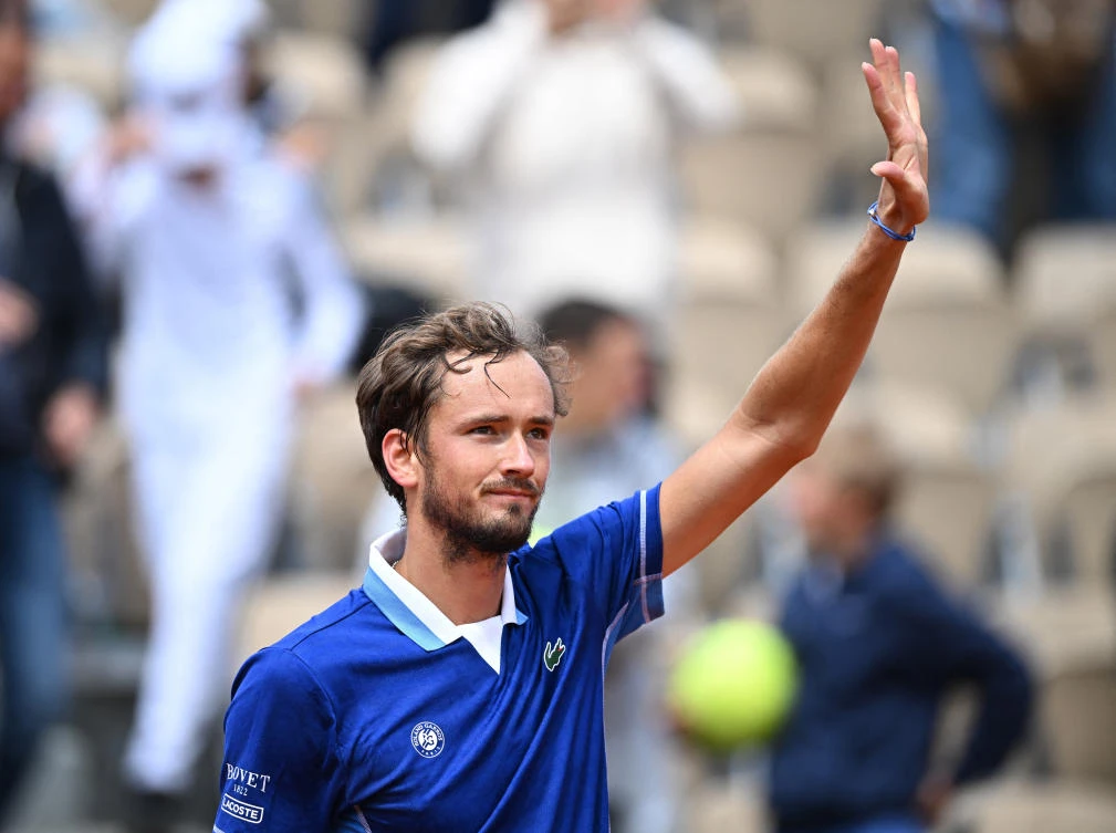 Russia’s Daniil Medvedev celebrates winning his first round match against Argentina’s Facundo Bagnis at the French Open — Roland Garros, in Paris on Tuesday. (Reuters)
