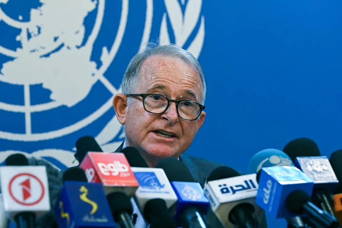 Richard Bennett, UN Special Rapporteur on the situation of Human Rights in Afghanistan, speaks during a press conference in Kabul on Thursday. (AFP)