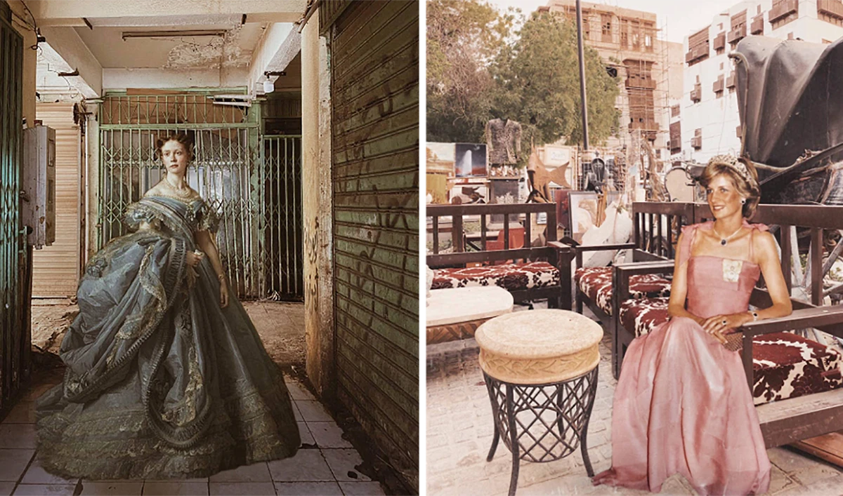 Russian Countess Anastasia de Torby, left, in an old market in Tabuk. Princess Diana at an open Maq’ad in Historic Jeddah.
