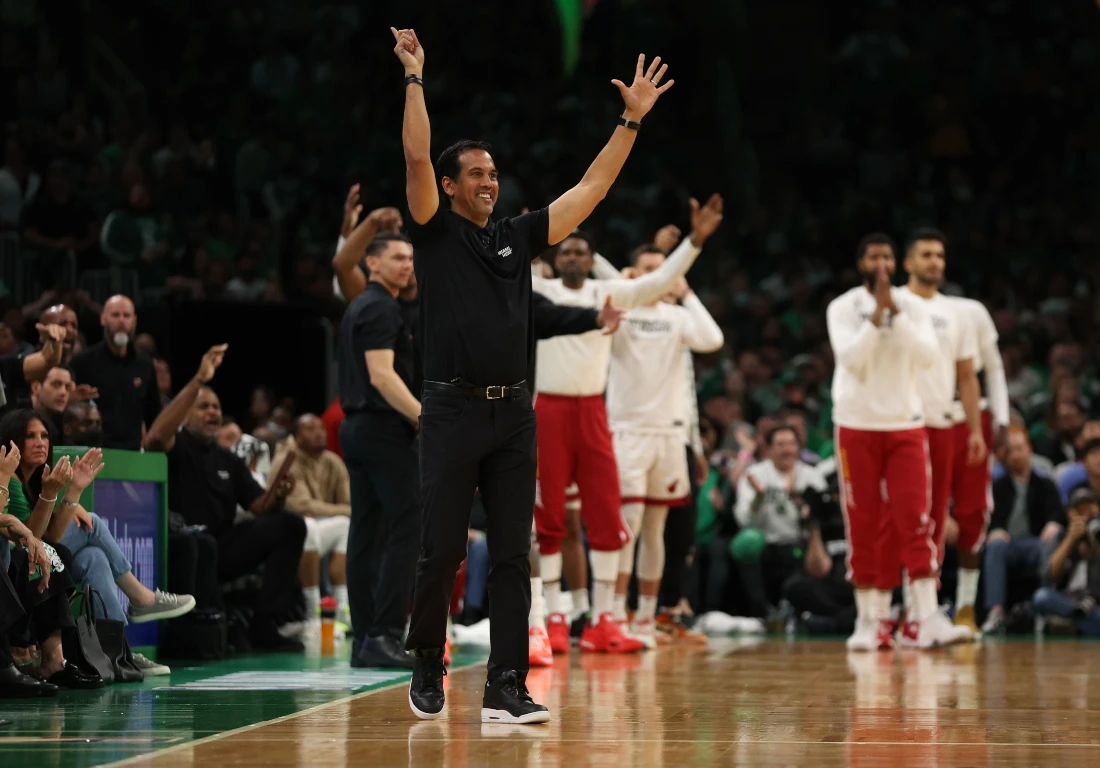 Head coach Erik Spoelstra of the Miami Heat reacts against the Boston Celtics during the second quarter in Game 6 of the 2022 NBA Playoffs Eastern Conference. (AFP)