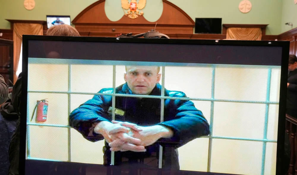 Russian opposition leader Alexei Navalny appears on a video link from prison provided by the Russian Federal Penitentiary Service at Moscow City Court, Tuesday, May 24, 2022. (AP)