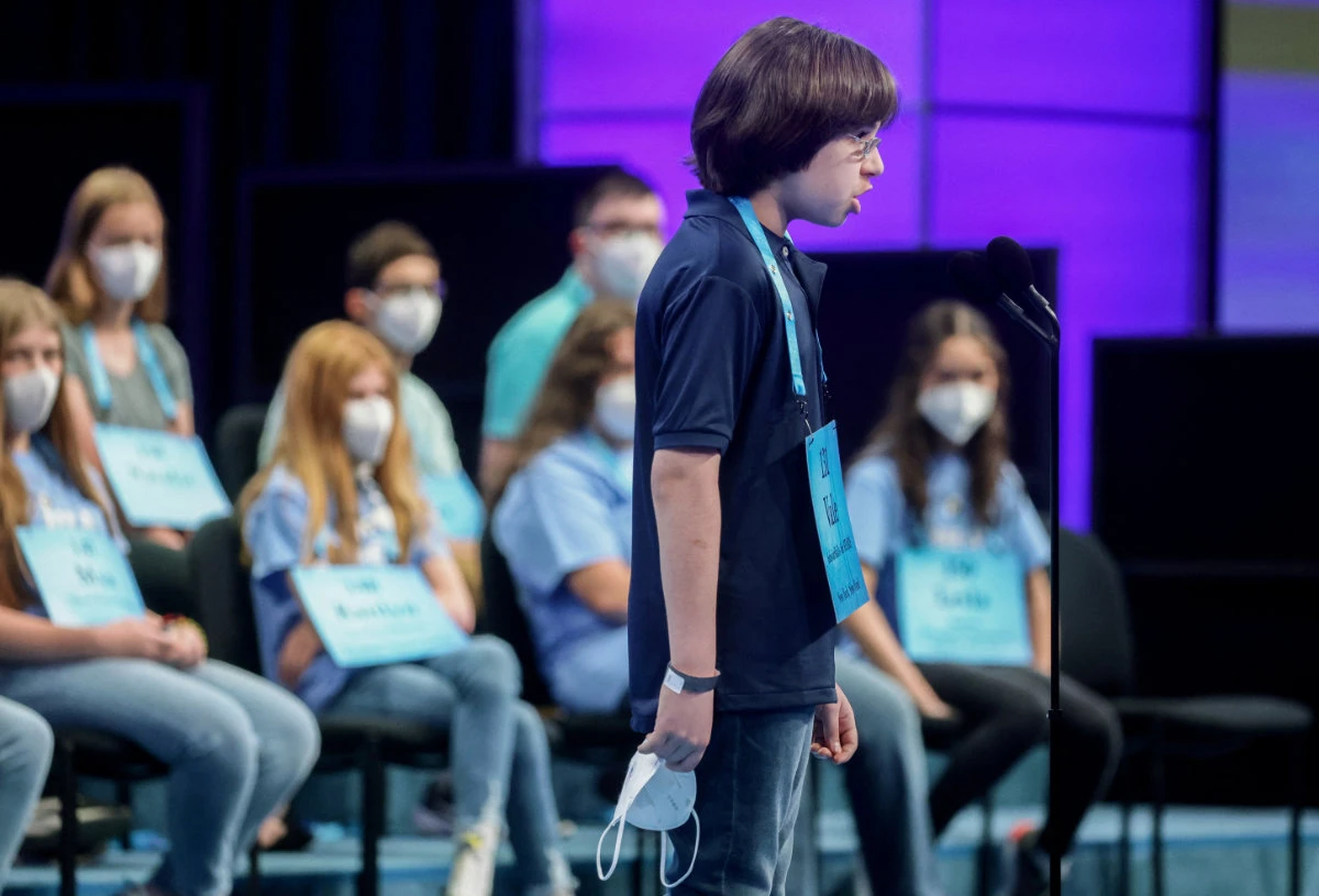 Vale Esposito, a 7th grader from Robert F. Wagner Middle School in New York, spells during the preliminary round of the spelling contest. (REUTERS/Evelyn Hockstein)