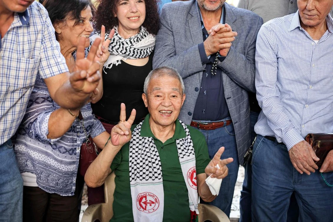 Kozo Okamoto (C) the only surviving member of the three man commando attack that killed 26 people at Israel’s Lod airport on May 30, 1972 (JOSEPH EID / AFP)