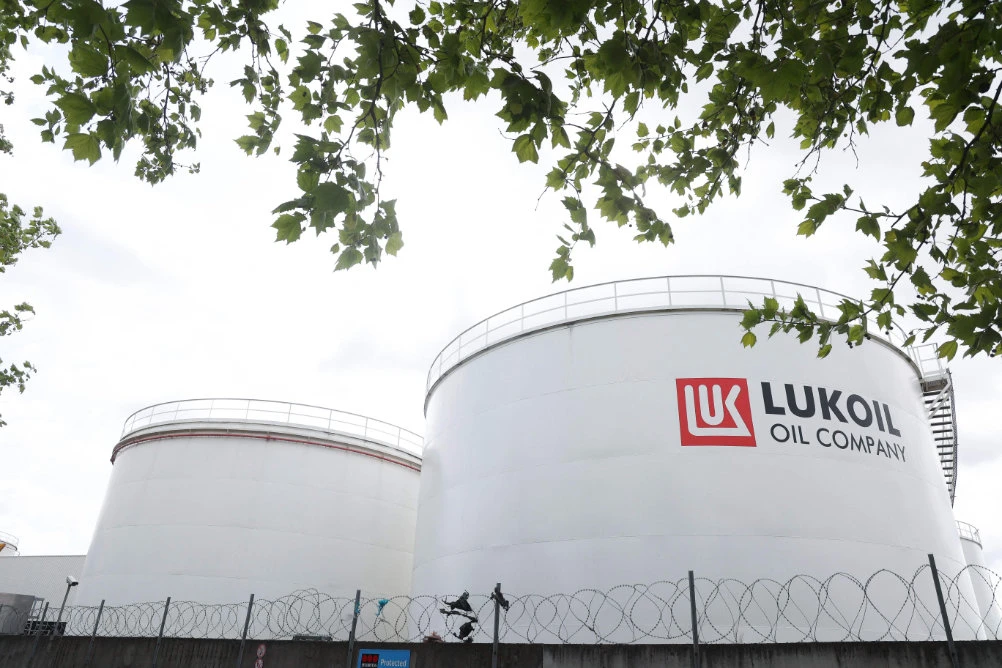 This photograph taken on May 13, 2022 shows a view of Russian oil company Lukoil fuel storage tanks in Brussels. (AFP)