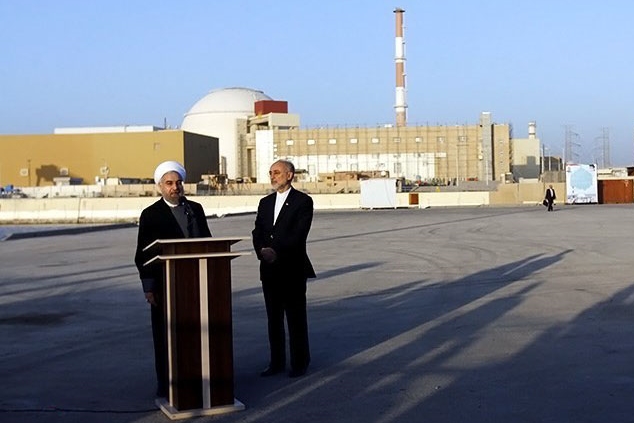 Iranian President Hassan Rouhani and Head of the AEOI Ali Akbar Salehi at Bushehr Nuclear Power Plant. (Wikimedia Commons)