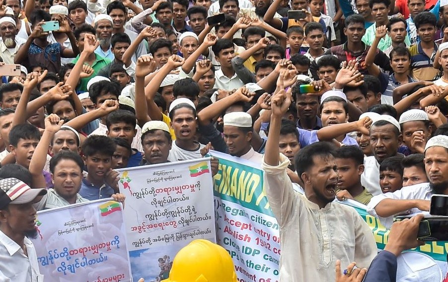Rohingya refugees rally in demand of repatriation at Kutupalong camp in Cox’s Bazar, Bangladesh, June 19, 2022. (AFP)