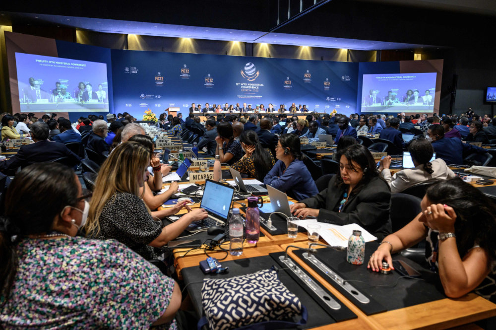 Delegates attend the closing session of a World Trade Organization Ministerial Conference in Geneva on June 17, 2022. (AFP)