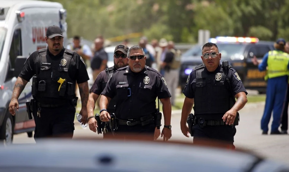 Police near Robb Elementary School, following a mass shooting, Uvalde, Texas, U.S., May 24, 2022. (AP Photo)
